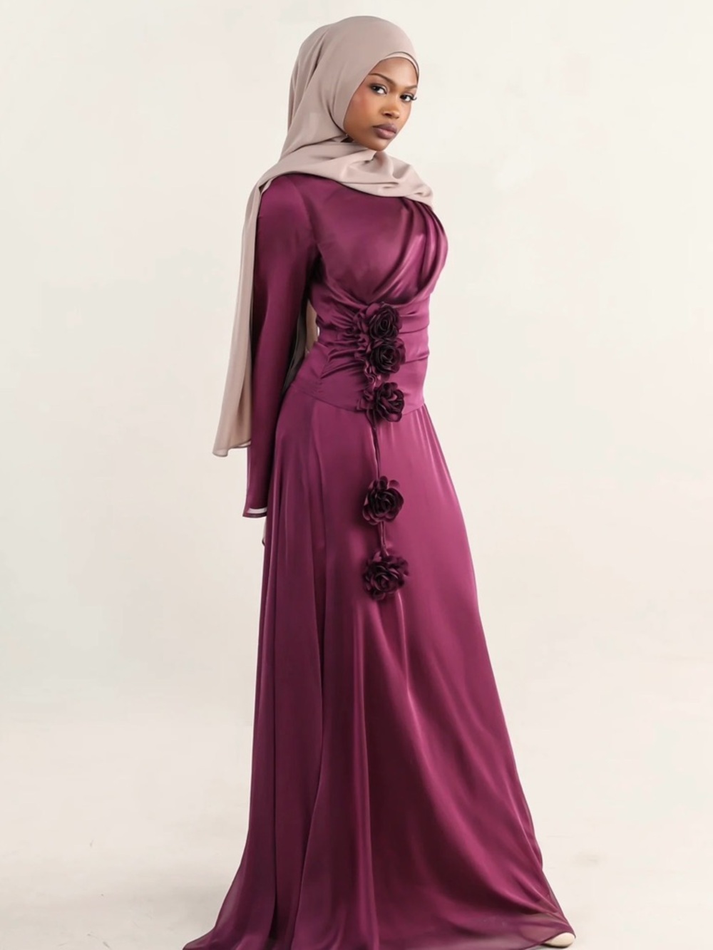 Long-Sleeve Plum Maxi Dress with Floral Waist Detail
